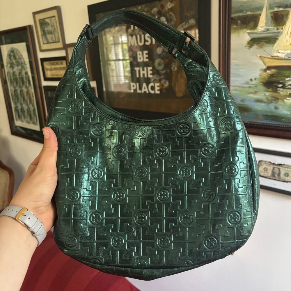 Tory Burch Cream and Dark Green Tote